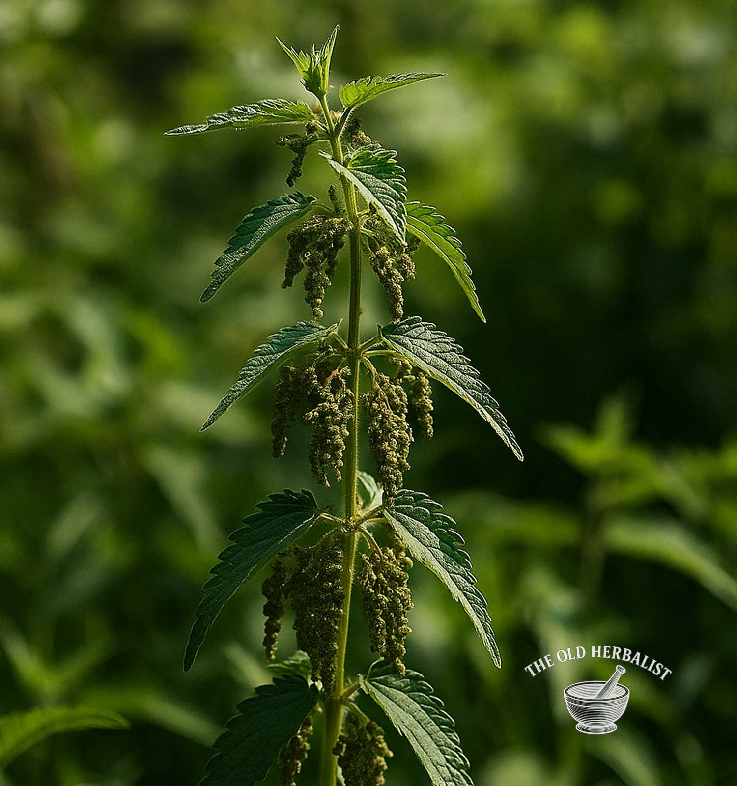 Nettle plant with green leaves and small flowers against a blurred green background, featuring 'The Old Herbalist' logo.