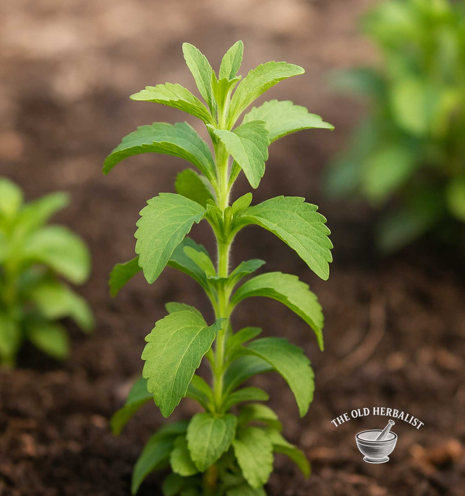 Young stevia plant growing in soil with 'The Old Herbalist' branding.