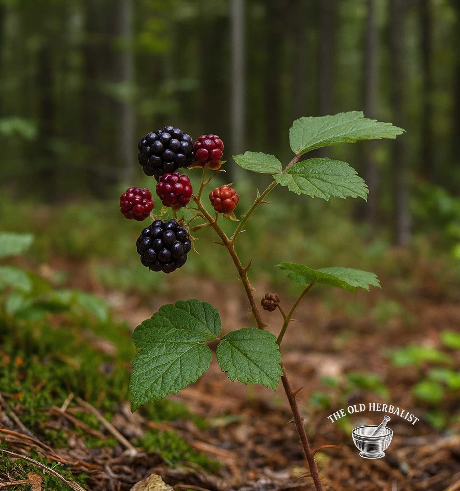 Blackberries on a branch with green leaves in a forest setting, featuring 'The Old Herbalist' logo.