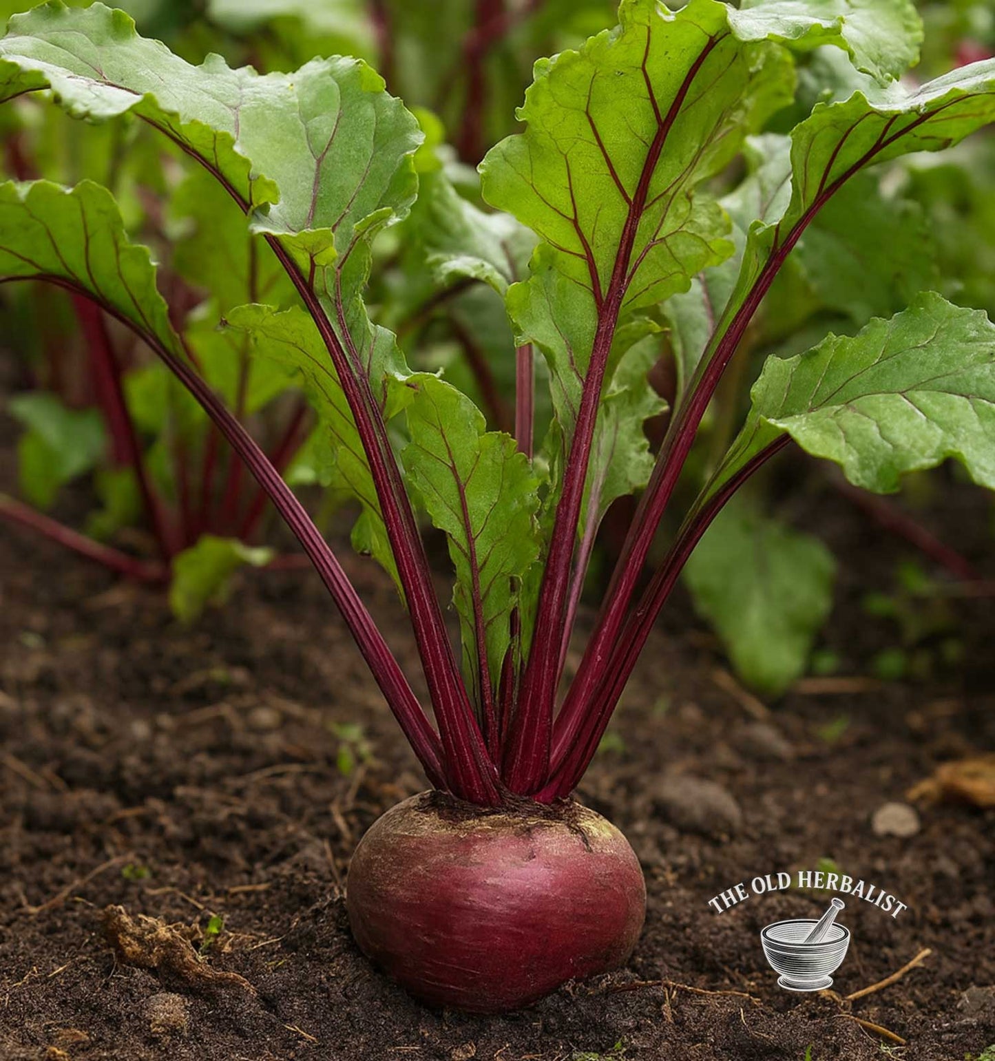 Beetroot with green leaves growing in soil, branded 'The Old Herbalist'.