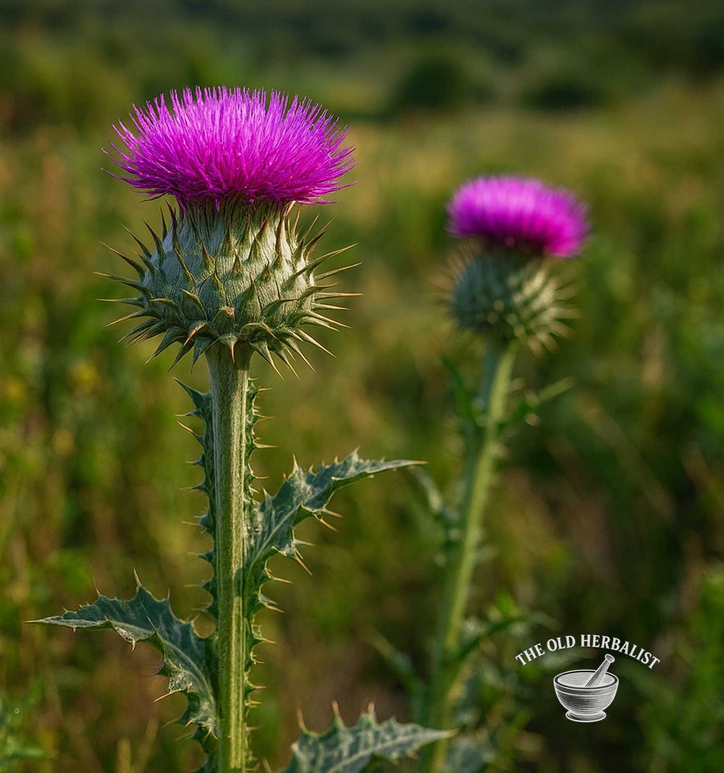 Purple thistle flowers in a field with 'The Old Herbalist' logo.