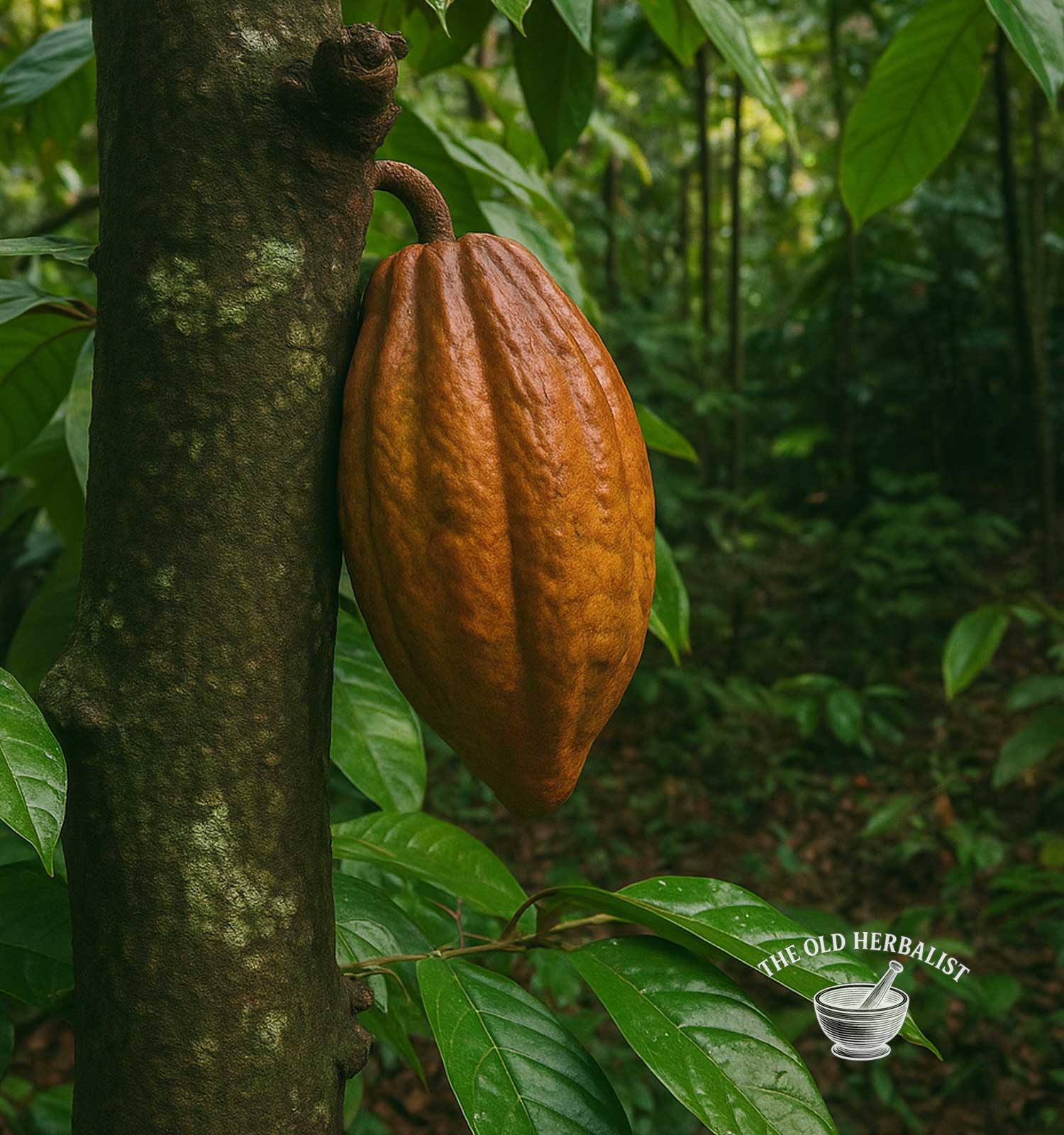 Ripe cacao pod hanging from a tree in a forest setting with 'The Old Herbalist' logo.