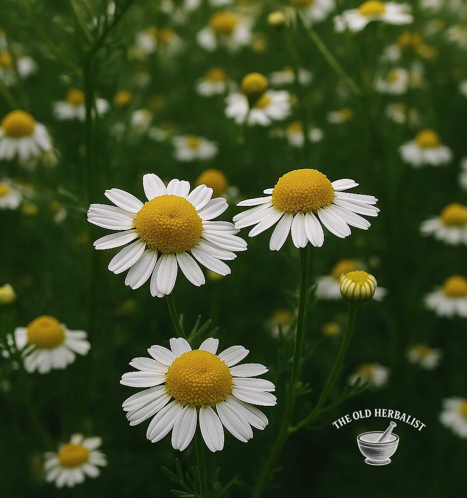 Close-up of chamomile flowers with 'The Old Herbalist' logo.
