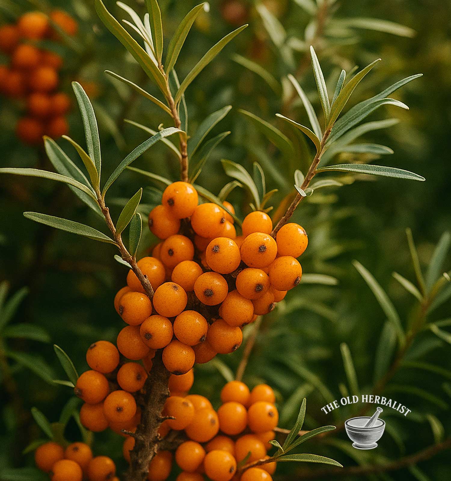 Branch of orange buckthorn berries with green leaves, branded 'The Old Herbalist'.