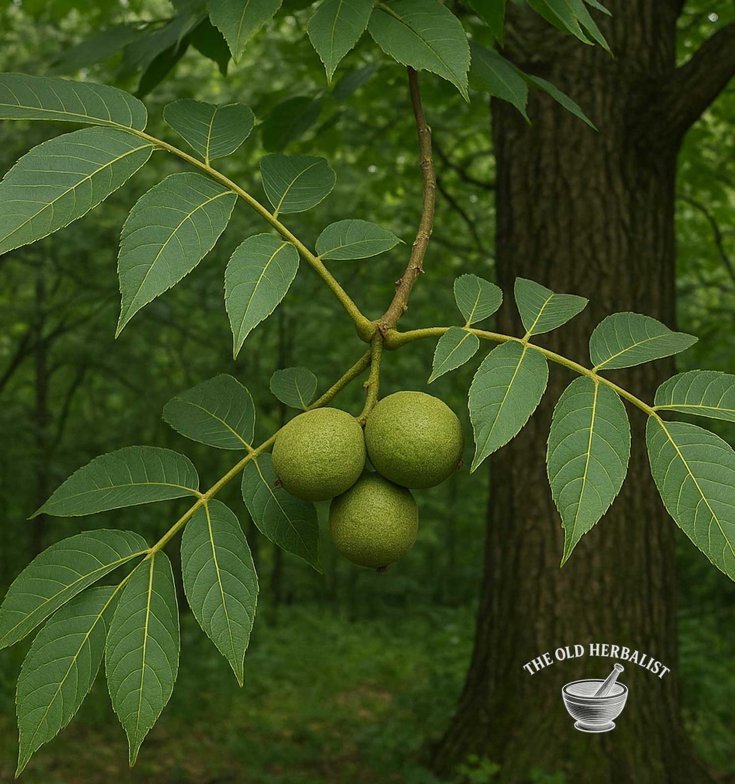 Green walnuts on a branch with leaves against a tree trunk, branded 'The Old Herbalist'.