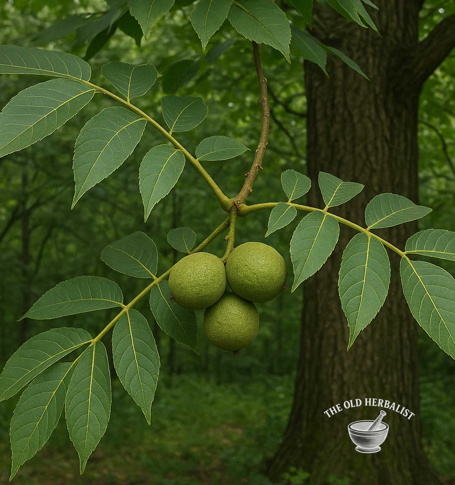 Green walnuts on a branch with leaves against a tree trunk, branded 'The Old Herbalist'.
