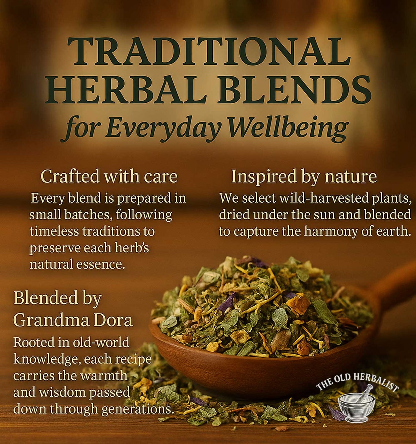 Advertisement for traditional herbal blends with text and a wooden spoon filled with herbs.