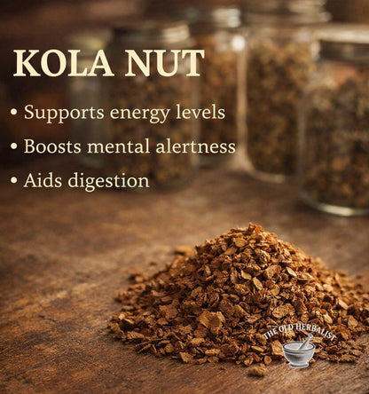 Kola nut with benefits listed on a wooden surface, featuring The Old Herbalist logo.
