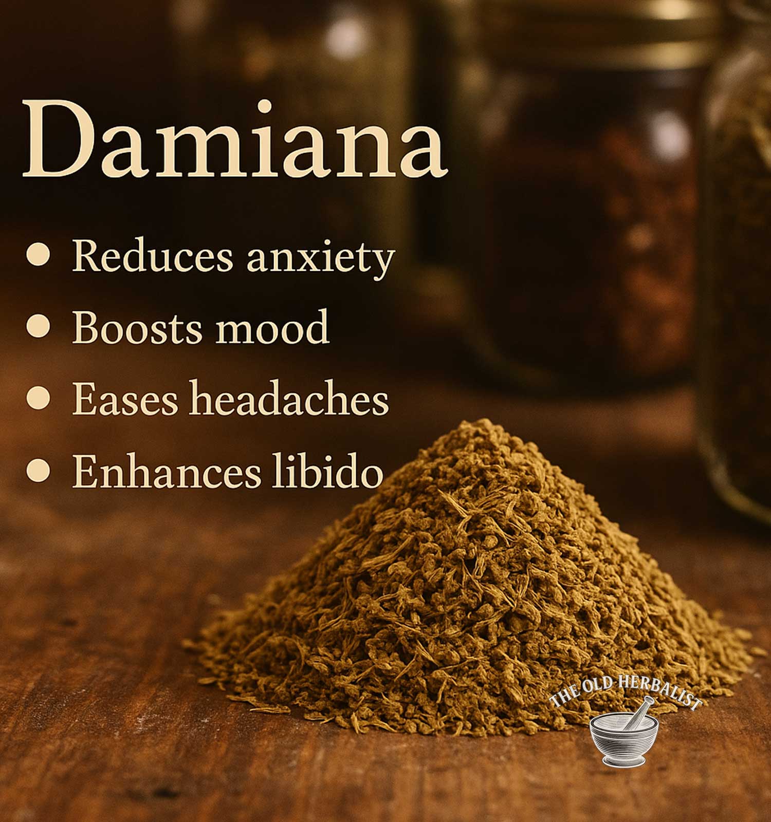 Heap of damiana leaves with text highlighting its benefits on a wooden surface.
