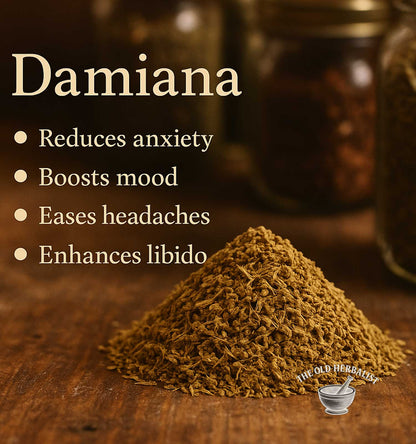 Heap of damiana leaves with text highlighting its benefits on a wooden surface.