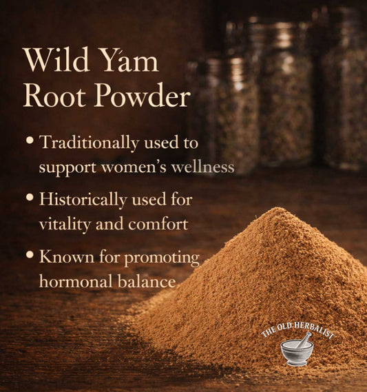 Wild Yam Root Powder with text on a wooden background, featuring The Old Herbalist logo.
