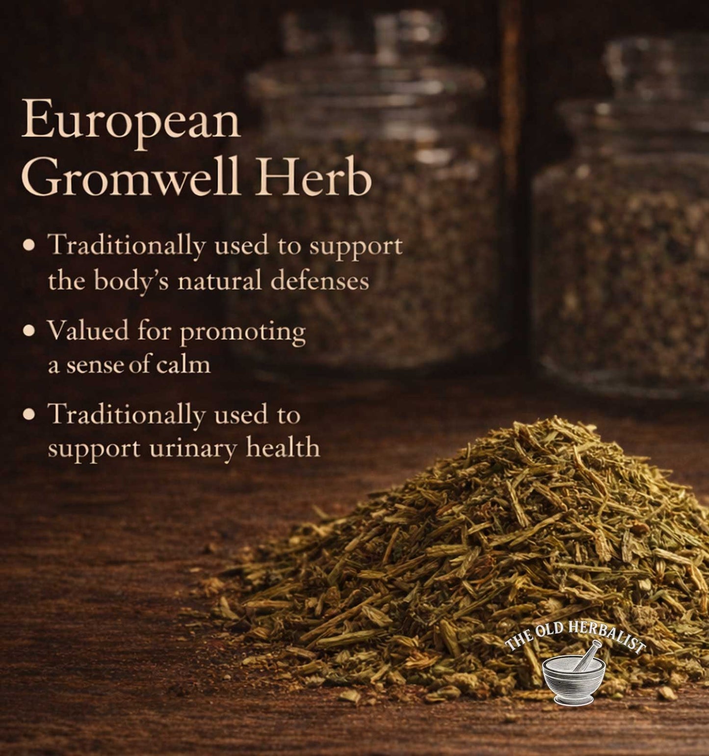 European Gromwell Herb with text on a wooden background, featuring The Old Herball logo.