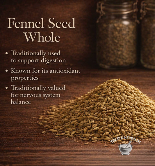 Fennel seeds on a wooden surface with text about their uses.
