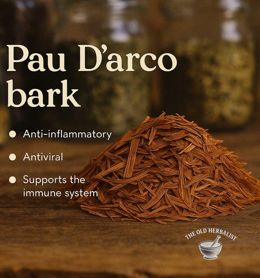 Pile of pau d'arco bark with text highlighting its benefits on a wooden surface.