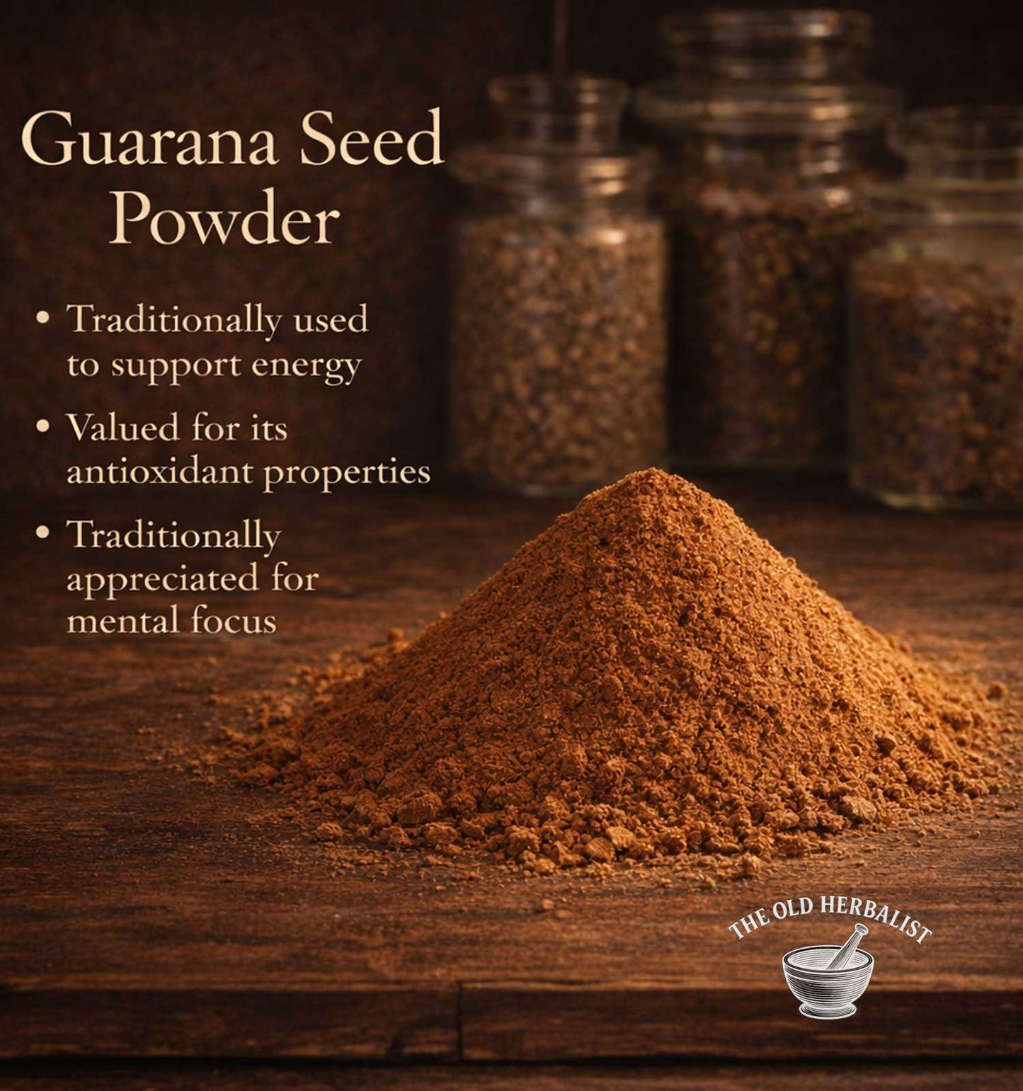 Guarana seed powder with text about its uses on a wooden surface, featuring jars in the background.