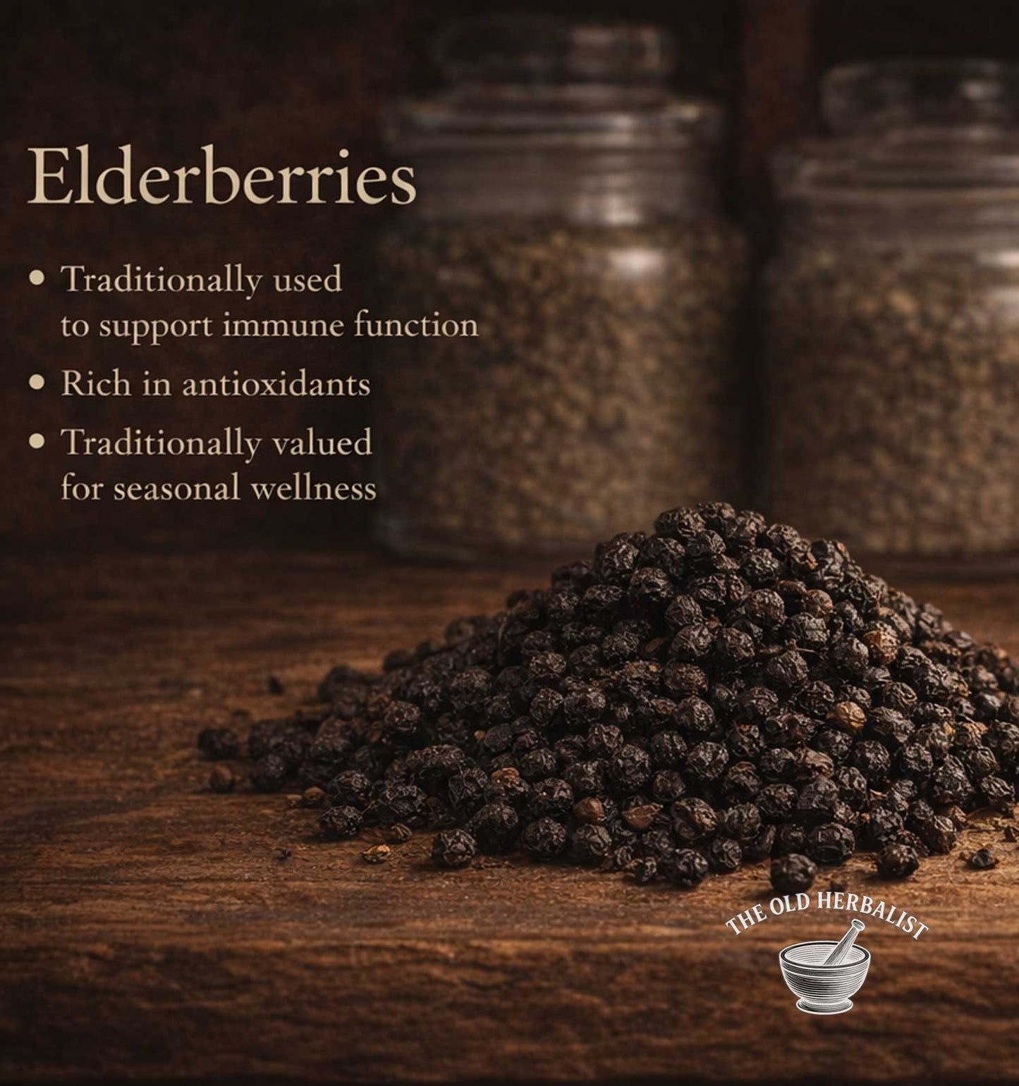 Elderberries on a wooden surface with text about their uses, set against a dark background.