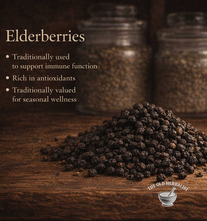 Elderberries on a wooden surface with text about their uses, set against a dark background.