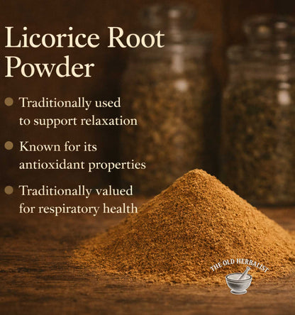 Licorice root powder with text about its uses on a wooden surface, featuring jars in the background.