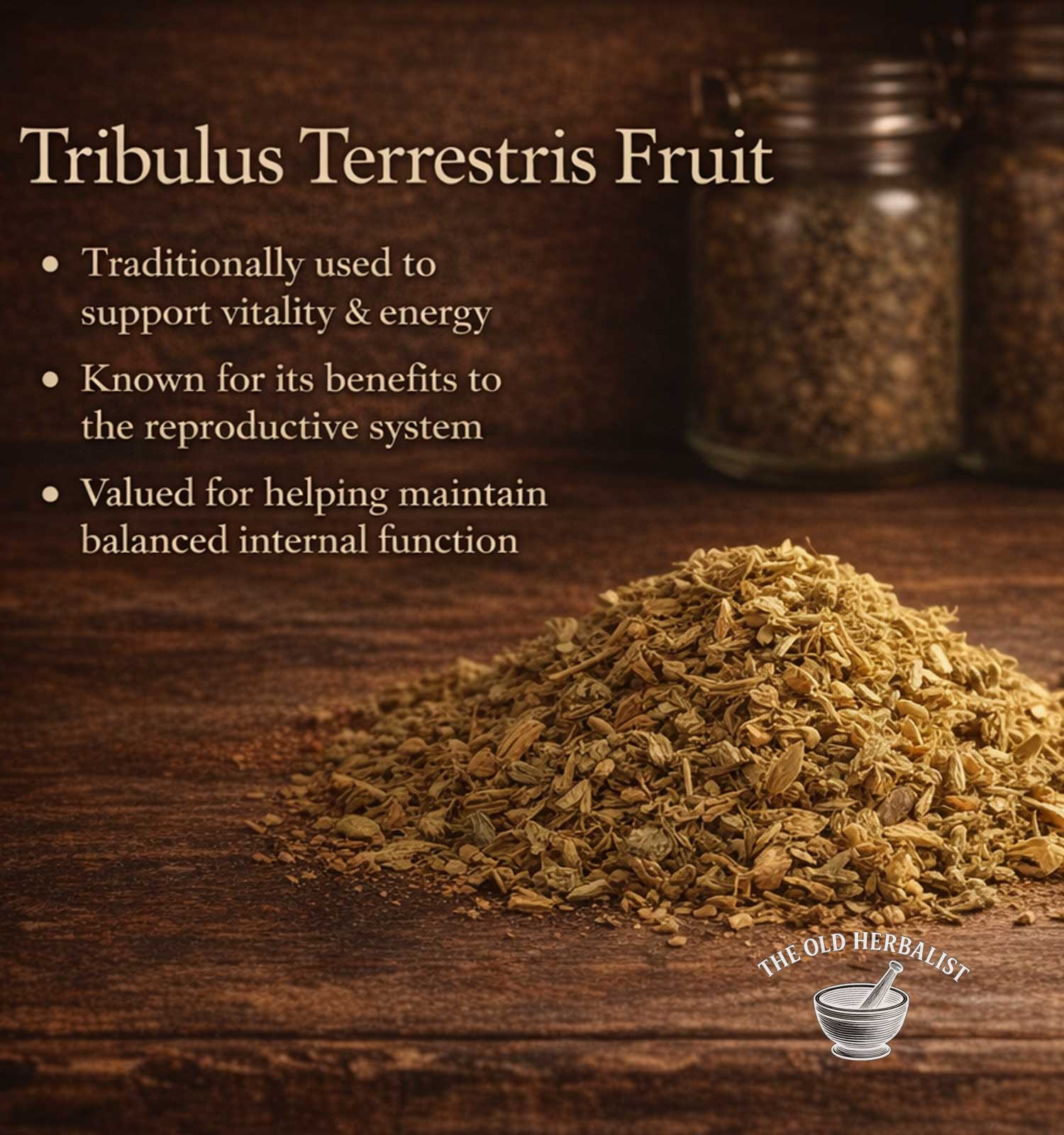 Tribulus Terrestris fruit on a wooden surface with text about its uses.