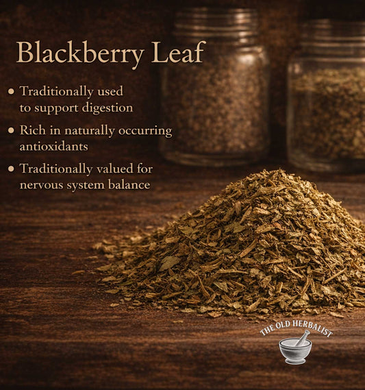Dried blackberry leaves on a wooden surface with text about their uses, branded 'The Old Herbalist'.