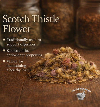 Scotch Thistle Flower with text on a wooden background, featuring jars in the background.