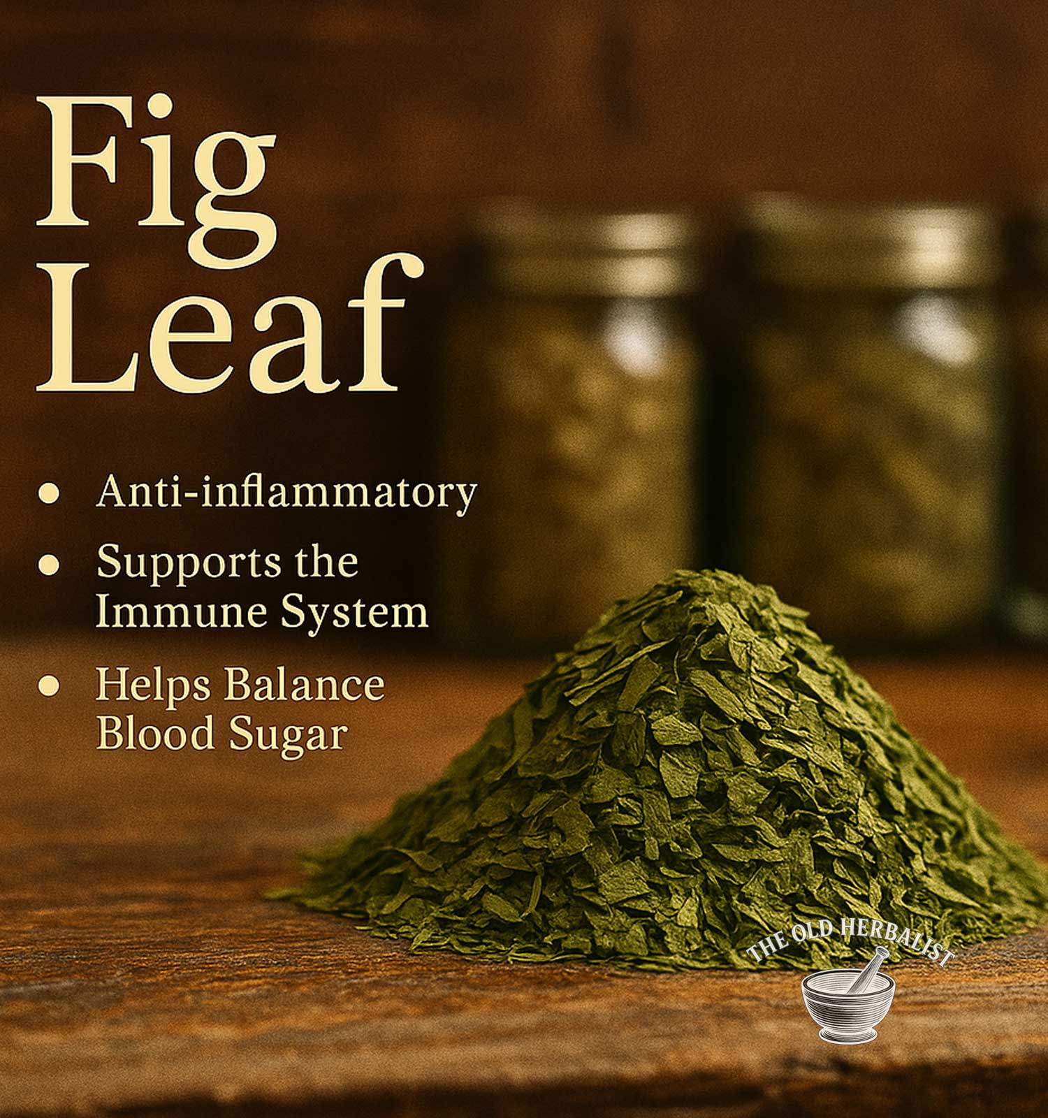 Fig leaf on a wooden surface with text highlighting its health benefits and branding.