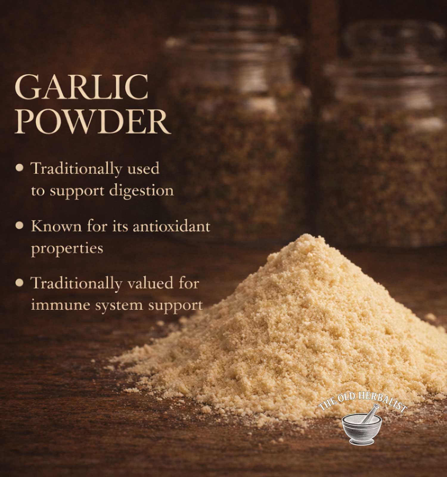 Garlic powder with text about its uses on a wooden surface, featuring jars in the background.