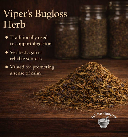 Viper's Bugloss herb on a wooden surface with text about its uses and sources.
