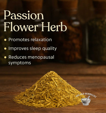 Passion flower herb with benefits listed on a wooden surface, featuring the Old Herbalist brand.