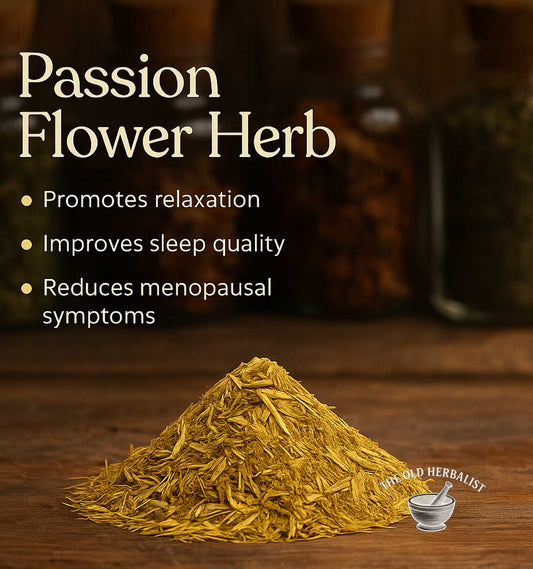 Passion flower herb with benefits listed on a wooden surface, featuring the Old Herbalist brand.