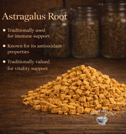 Astragalus root on a wooden surface with text about its uses.