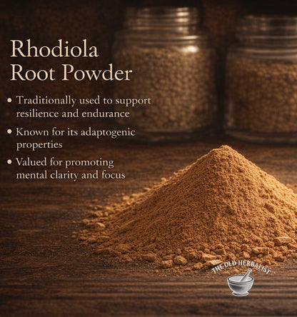 Rhodiola root powder with text about its uses on a wooden surface, featuring The Old Herbalist brand.