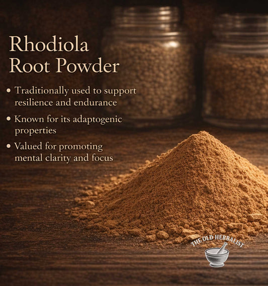 Rhodiola root powder with text about its uses on a wooden surface, featuring The Old Herbalist brand.