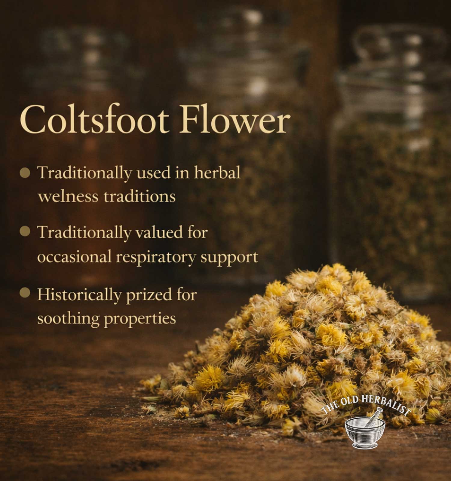 Coltsfoot flowers with text about their traditional uses on a wooden surface, featuring jars in the background.