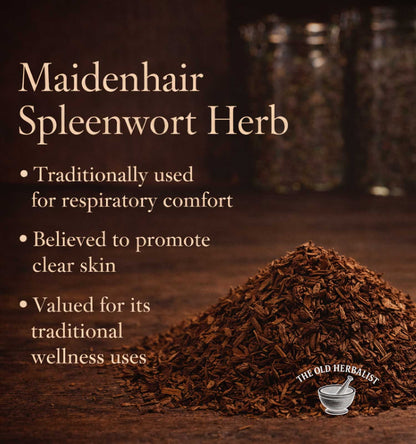 Maidenhair Spleenwort Herb with text about its uses on a dark background