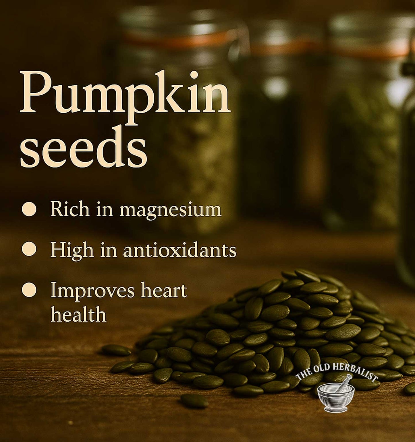 Pumpkin seeds with health benefits text and 'The Old Herbalist' logo.