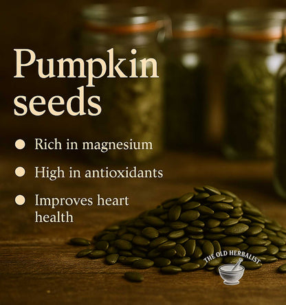 Pumpkin seeds with health benefits text and 'The Old Herbalist' logo.