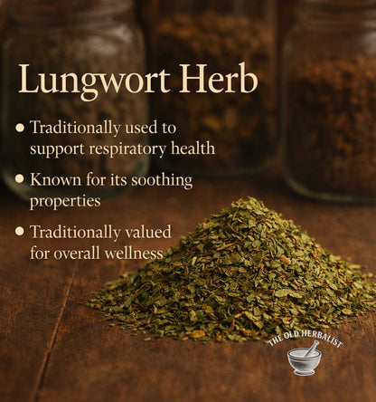 Lungwort herb with text about its uses on a wooden surface