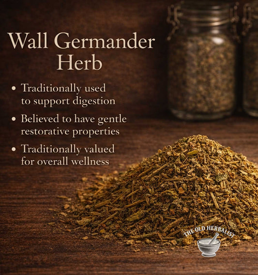Wall Germander Herb with text on a wooden background, featuring The Old Herbalist logo.