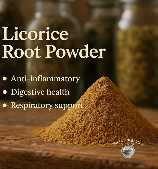 Licorice root powder with text highlighting benefits on a wooden surface.