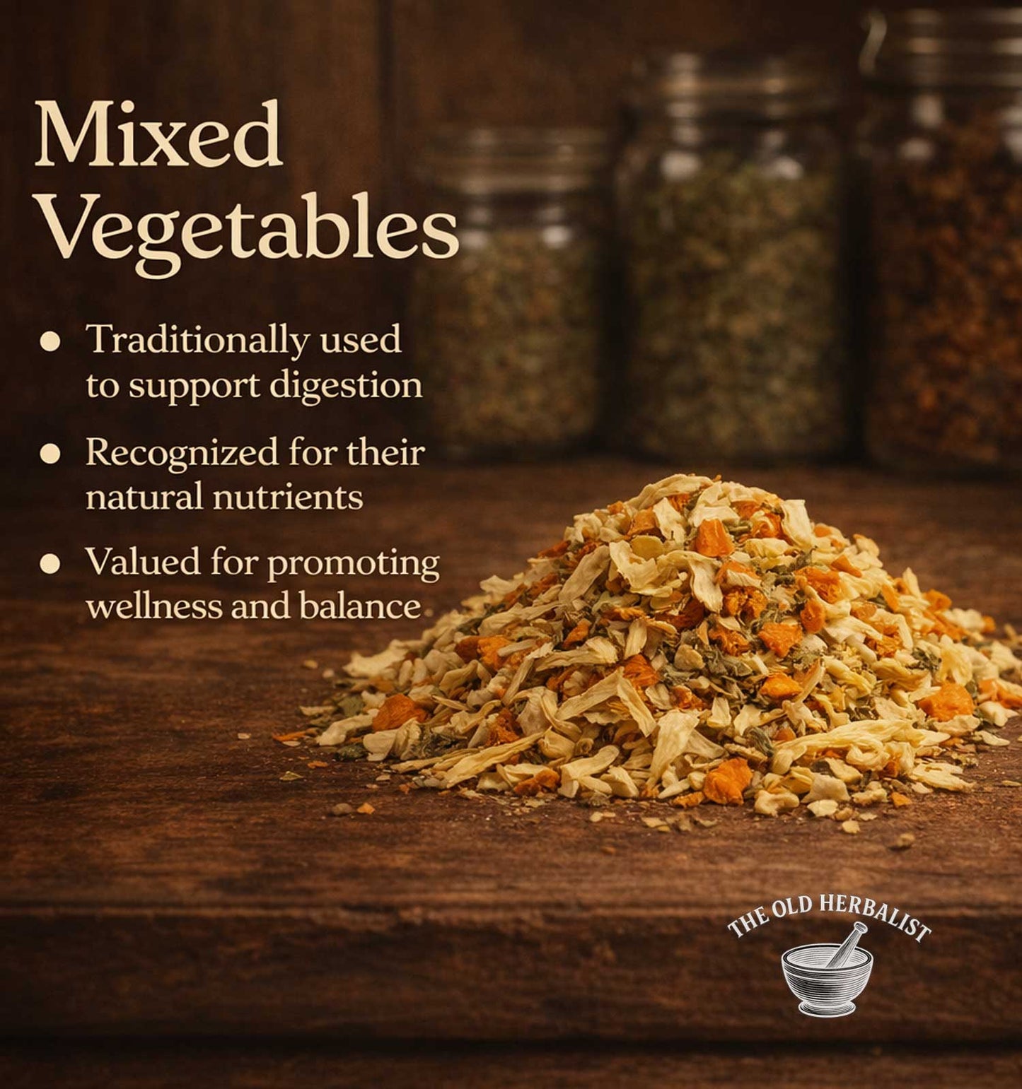 Mixed vegetables on a wooden surface with text about their health benefits and branding.
