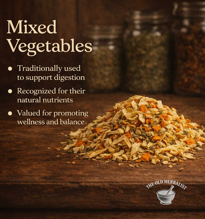 Mixed vegetables on a wooden surface with text about their health benefits and branding.