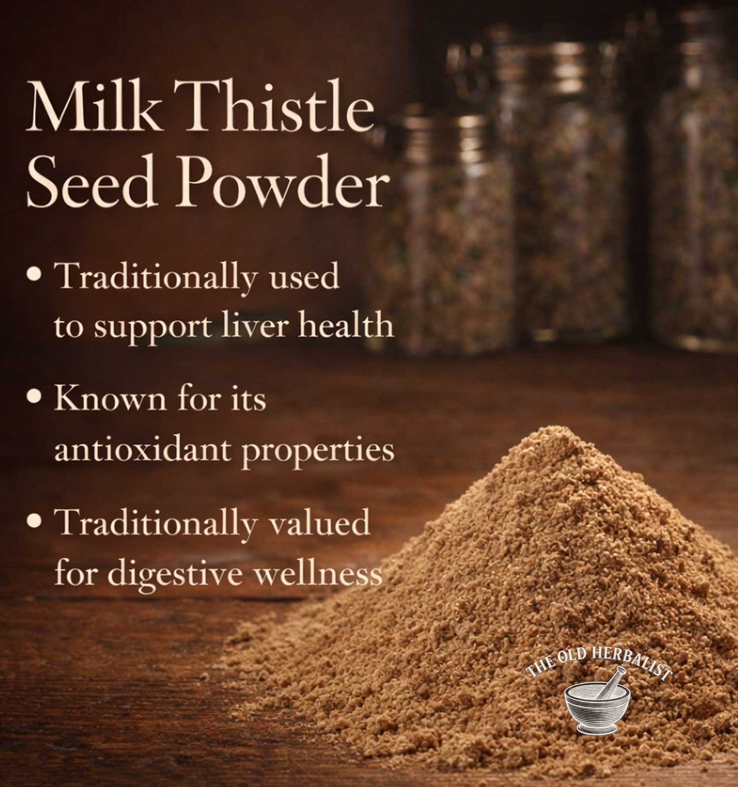 Milk thistle seed powder with text about its health benefits on a wooden surface.