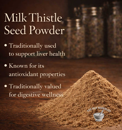 Milk thistle seed powder with text about its health benefits on a wooden surface.