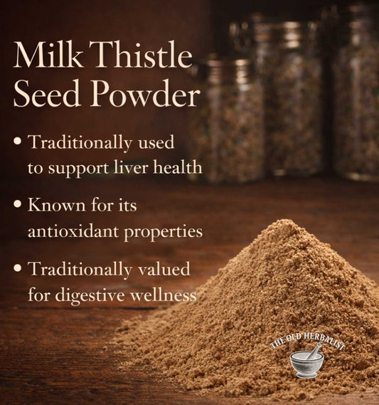 Milk thistle seed powder with text about its health benefits on a wooden surface.