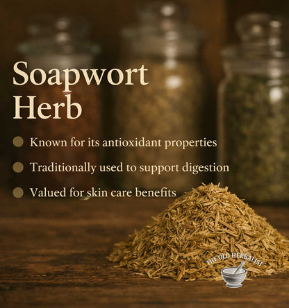 Dried soapwort herb with text about its properties and uses, branded 'The Old Herbalist'.