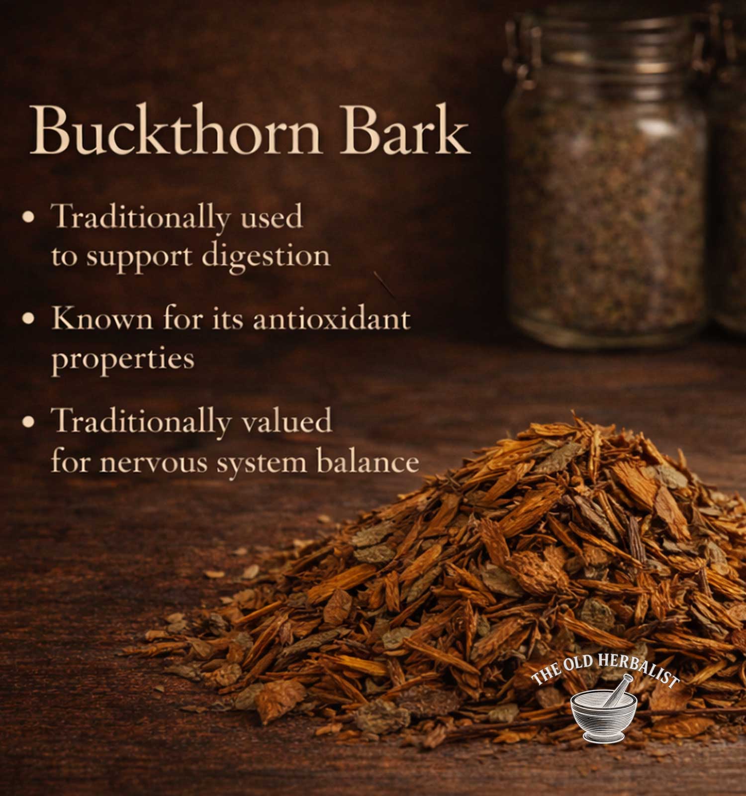 Buckthorn bark with text about its uses on a wooden surface, featuring The Old Herbalist logo.