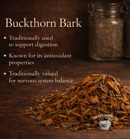 Buckthorn bark with text about its uses on a wooden surface, featuring The Old Herbalist logo.