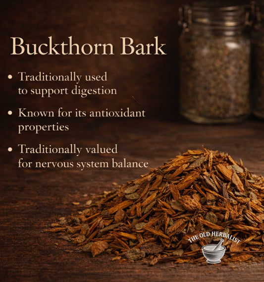 Buckthorn bark with text about its uses on a wooden surface, featuring The Old Herbalist logo.