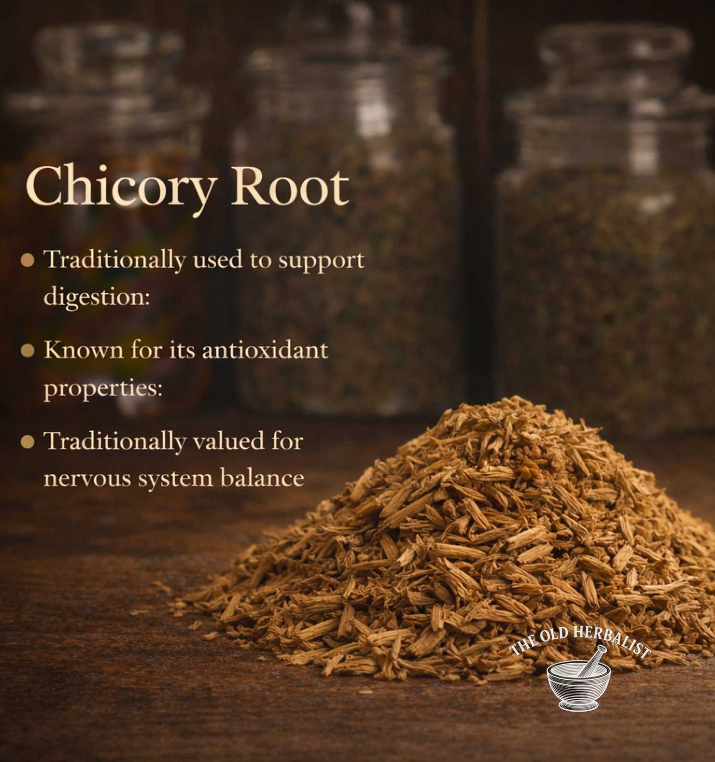 Chicory root with text about its uses on a wooden surface, blurred jars in the background.